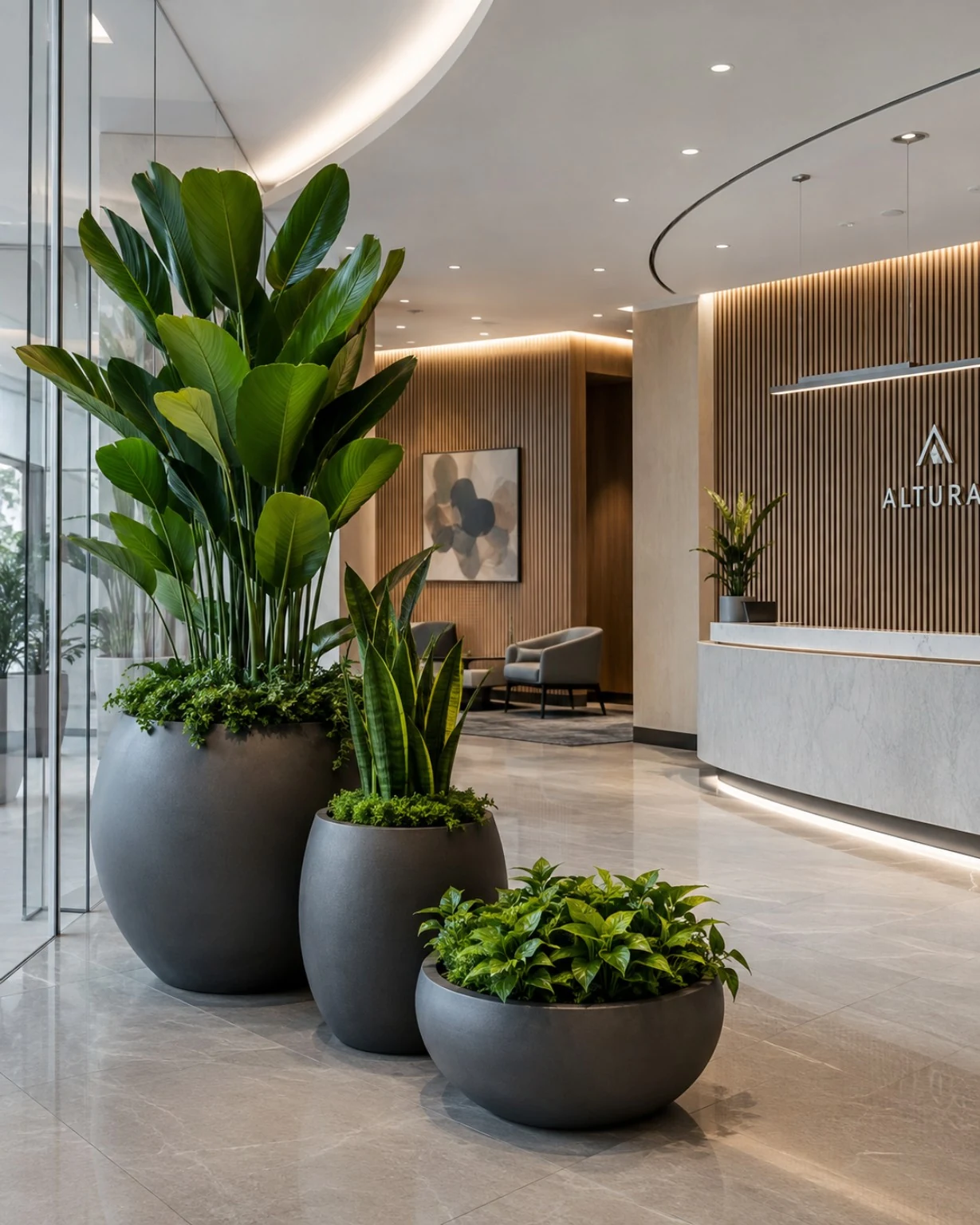 Premium indoor plants and decorative planters in a professional lobby